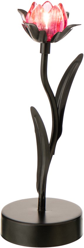 Lampe fleur noire en métal avec une fleur LED rose et incandescente, sur un socle rond noir.