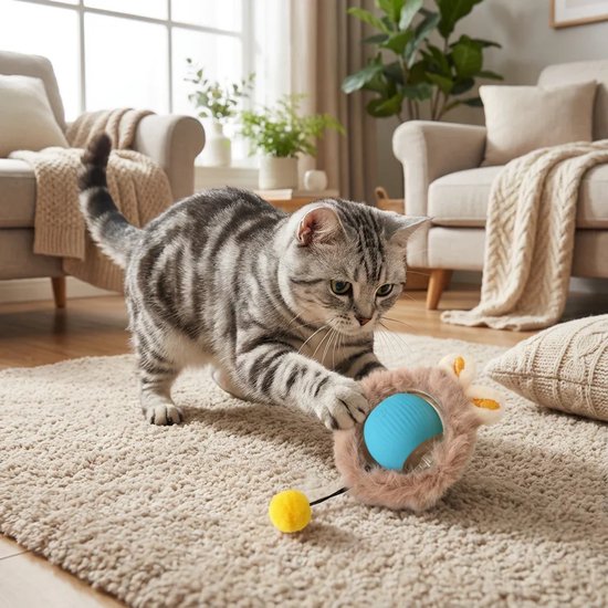 Zilver gestreepte kat speelt met een bruin pluizig speeltje met blauwe bal.