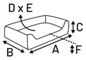 Vue schématique d'un panier orthopédique pour chien avec dimensions A à F.