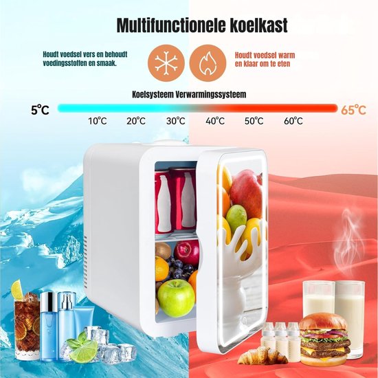 Zyrex® Skincare Fridge - Mini Koelkast 8 Liter - Met Spiegel en Verlichting - Mini Fridge - Wit - ‎20cm x 26cm x 30cm — afbeelding 5