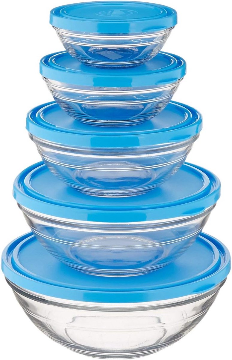 Set van 5 Ronde Slakommen met Deksel - Gehard Glas - Diverse Maten