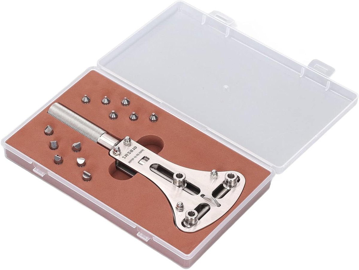 Verstelbare waskofferopener met roestvrijstalen klembereik, 12 openingklauwen, 3-punts design. Inclusief horloge-reparatiegereedschap. Geschikt voor diverse maten, 17-53 mm.