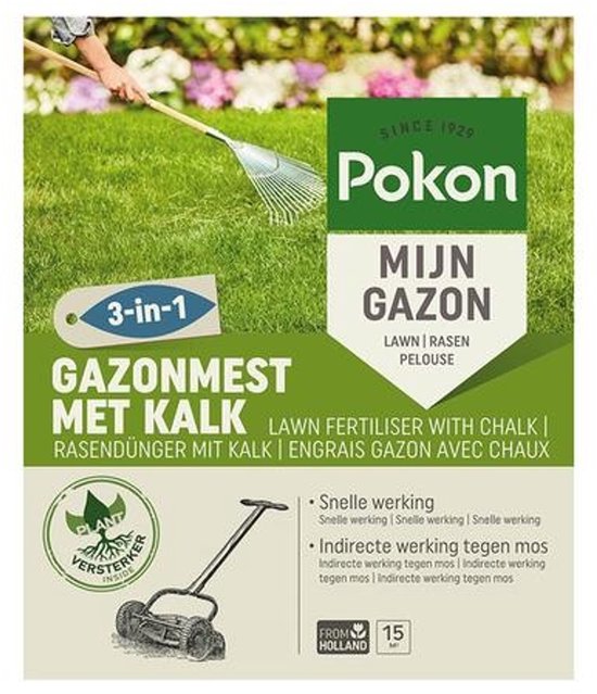 Verpakking van Pokon gazonmest met kalk. 3-in-1 gazonvoeding met kalk. 'Mijn Gazon'.