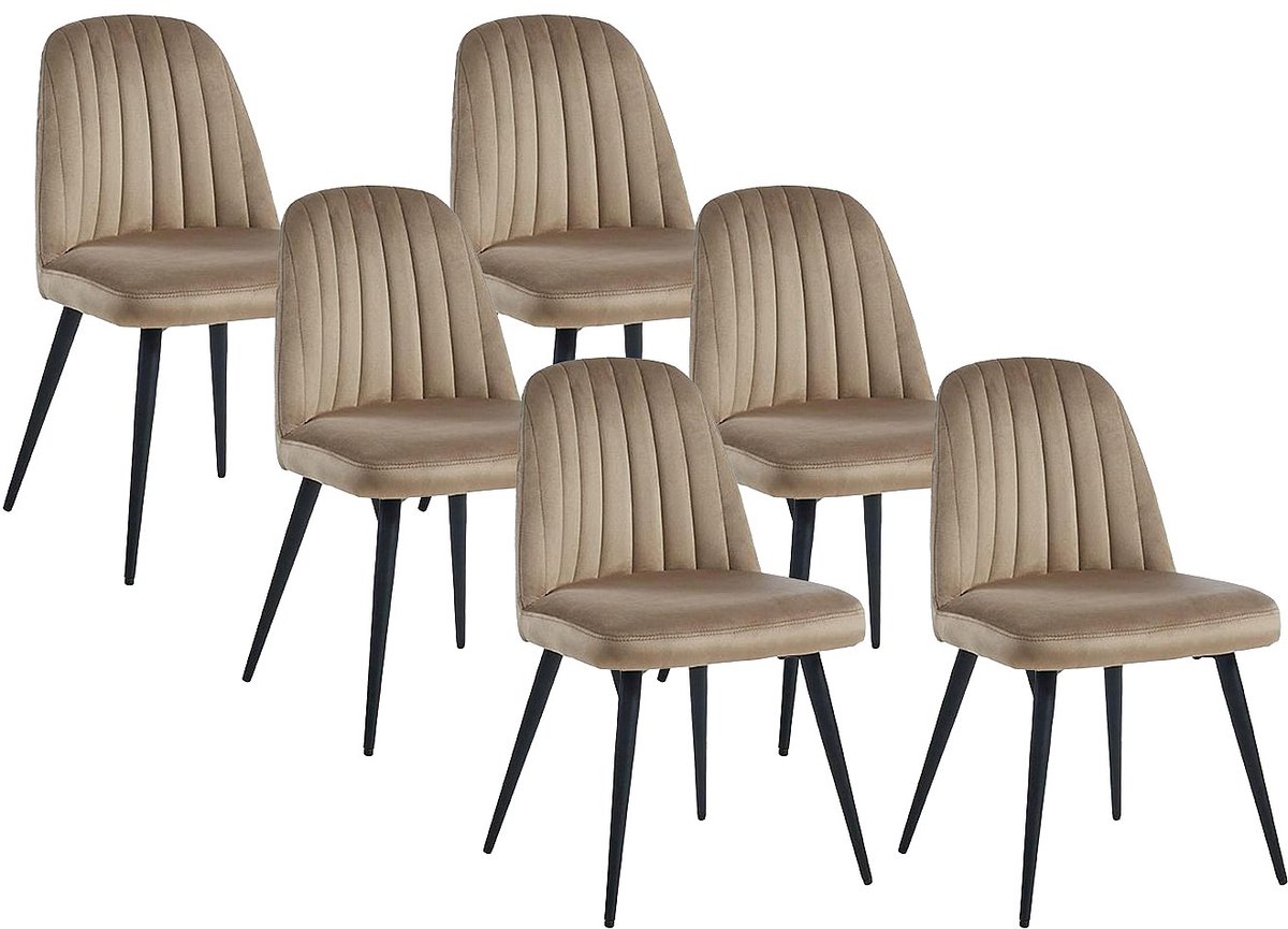 Vente-unique Set van 6 stoelen ELEANA - Fluweel en zwart metaal - Beige