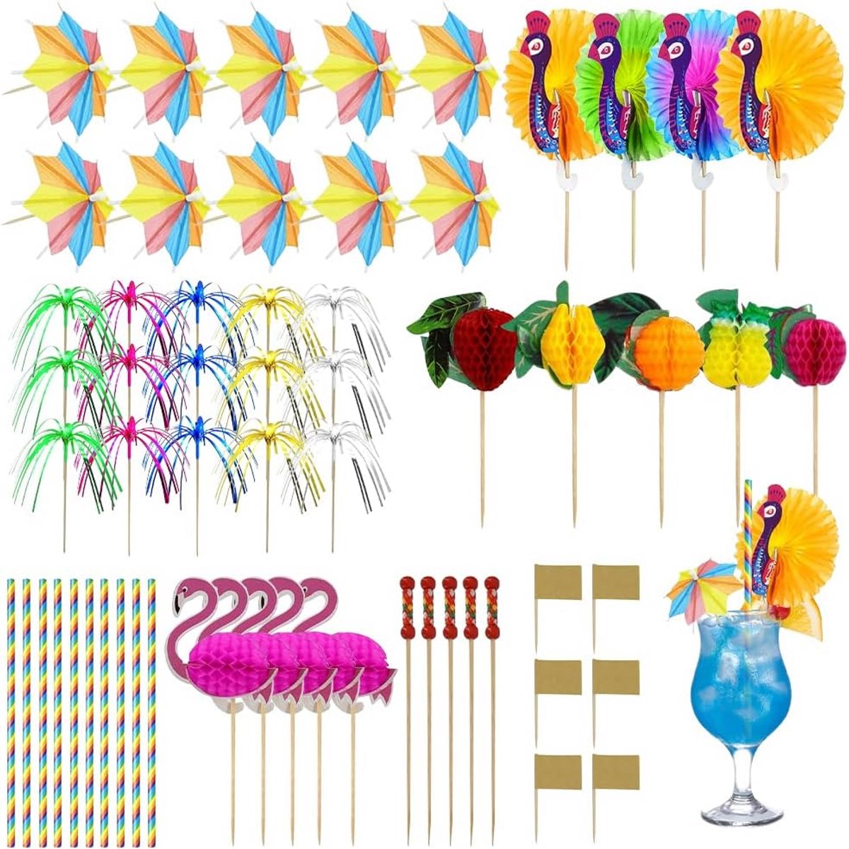 150 stuks houten cocktaildecoratie set met mini paraplu's en accessoires