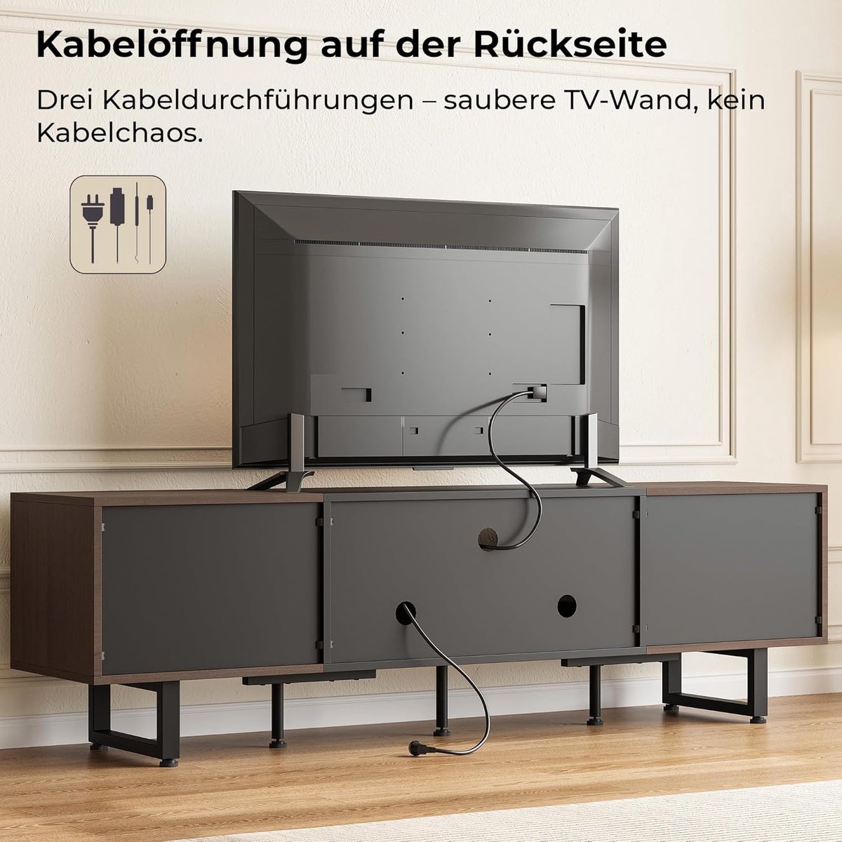 TV-kast 180 cm | Modern lowboard voor televisie 65-75-80 inch, 2 deuren + 3 open vakken, zwart/walnoot, stabiel en duurzaam | Abkantoor
