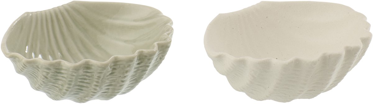J-Line decoratie Schelp - keramiek - wit/olijfgroen - 2 stuks