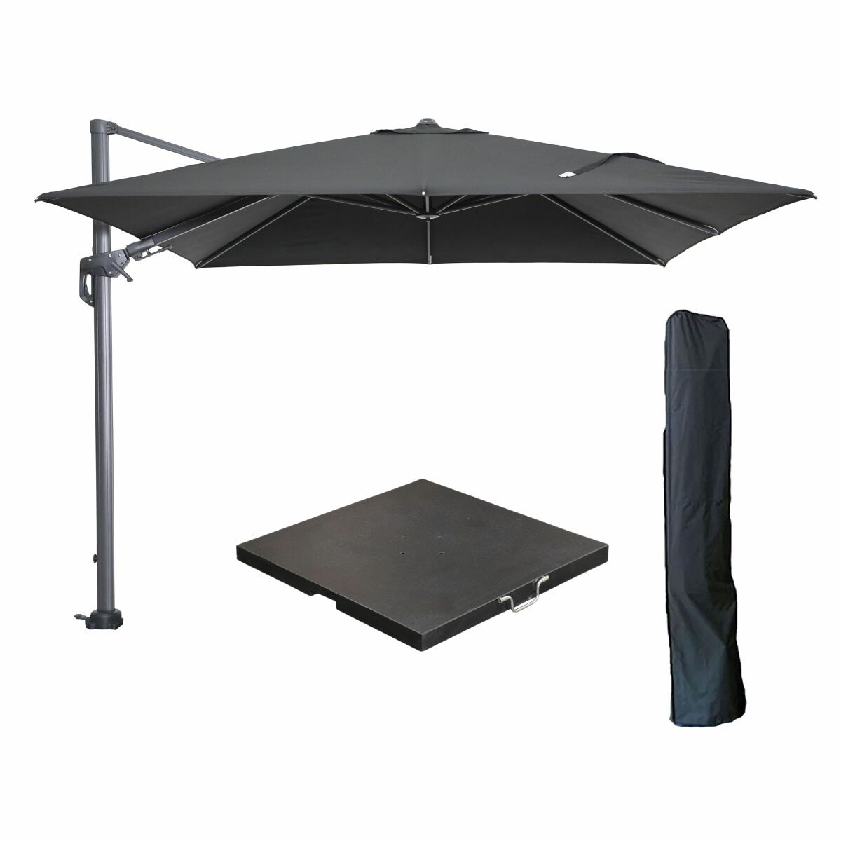Garden Impressions Hawaii zweefparasol 300x300 cm carbon black / zwart met 90kg black polished parasolvoet en parasolhoes