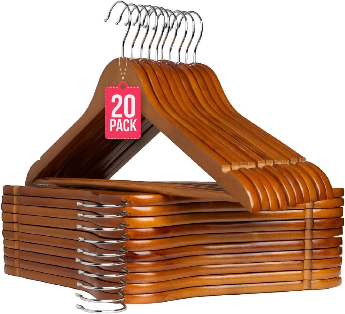 Houten Kledinghangers Walnoot - Set van 20 Stuks met Antislip en Broekstang