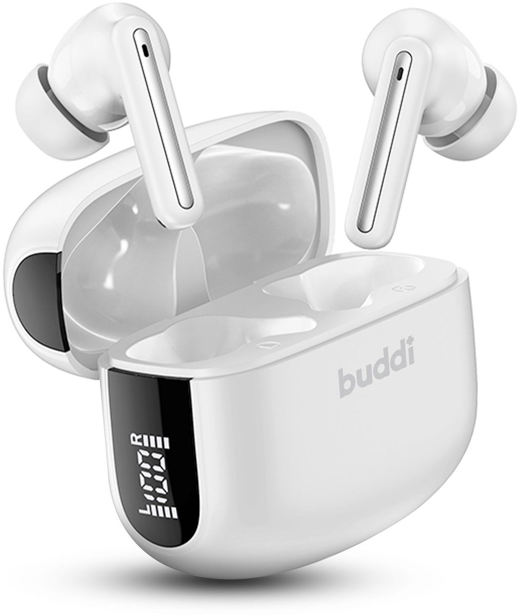 Buddi Draadloze Oordopjes - Bluetooth Oordopjes - Oortjes Draadloos - Noise Cancelling - LED Display - Met Microfoon - Touch Controls - ANC + ENC - Wit