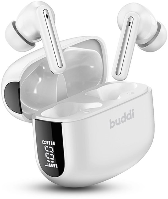 Buddi Draadloze Oordopjes - Bluetooth Oordopjes - Oortjes Draadloos - Noise Cancelling - LED Display - Met Microfoon - Touch Controls - ANC + ENC - Wit
