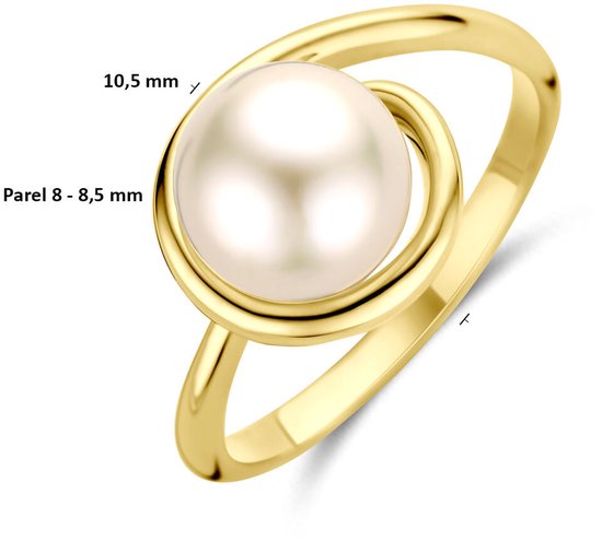 Gouden ring met de tekst 'Parel 8-8,5 mm' en '10,5 mm'. Een grote parel is in de ring geplaatst.