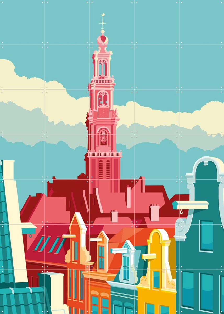 IXXI Westerkerk, Remko Heemskerk & Kunst in Kaart - 100 x 140 cm - Gratis ophangtool - Grote wanddecoratie en posters - Grafisch Ontwerp, Kleurrijk