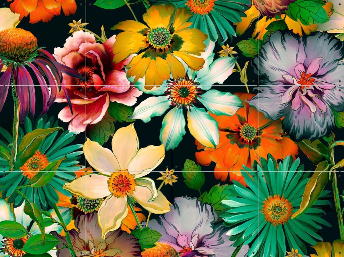 IXXI Blossoming Flowers Green Yellow, Marylène Madou - 80 x 60 cm - Gratis ophangtool - Grote wanddecoratie en posters - Kleurrijk, Grafisch Ontwerp