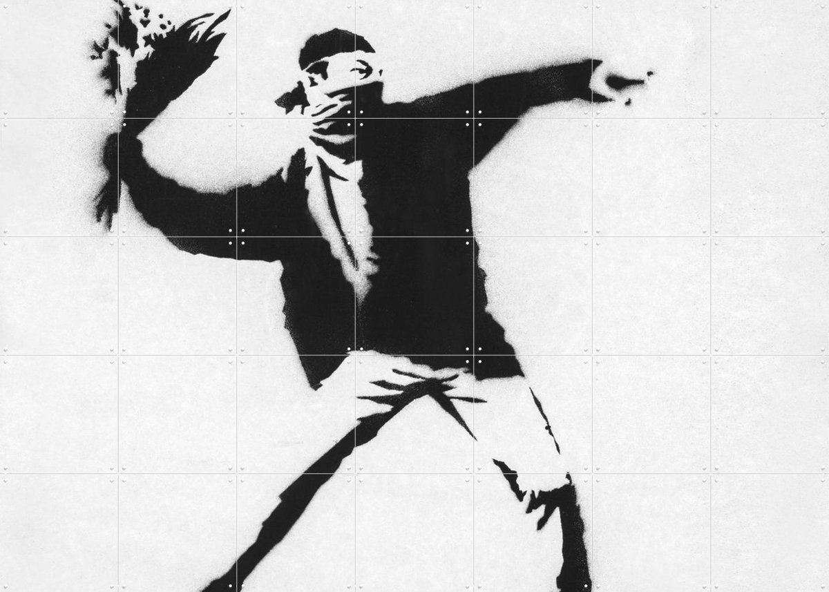 IXXI Love is in the Air white, Banksy - 140 x 100 cm - Gratis ophangtool - Grote wanddecoratie en posters - Pop art, Houtsnede, Street art