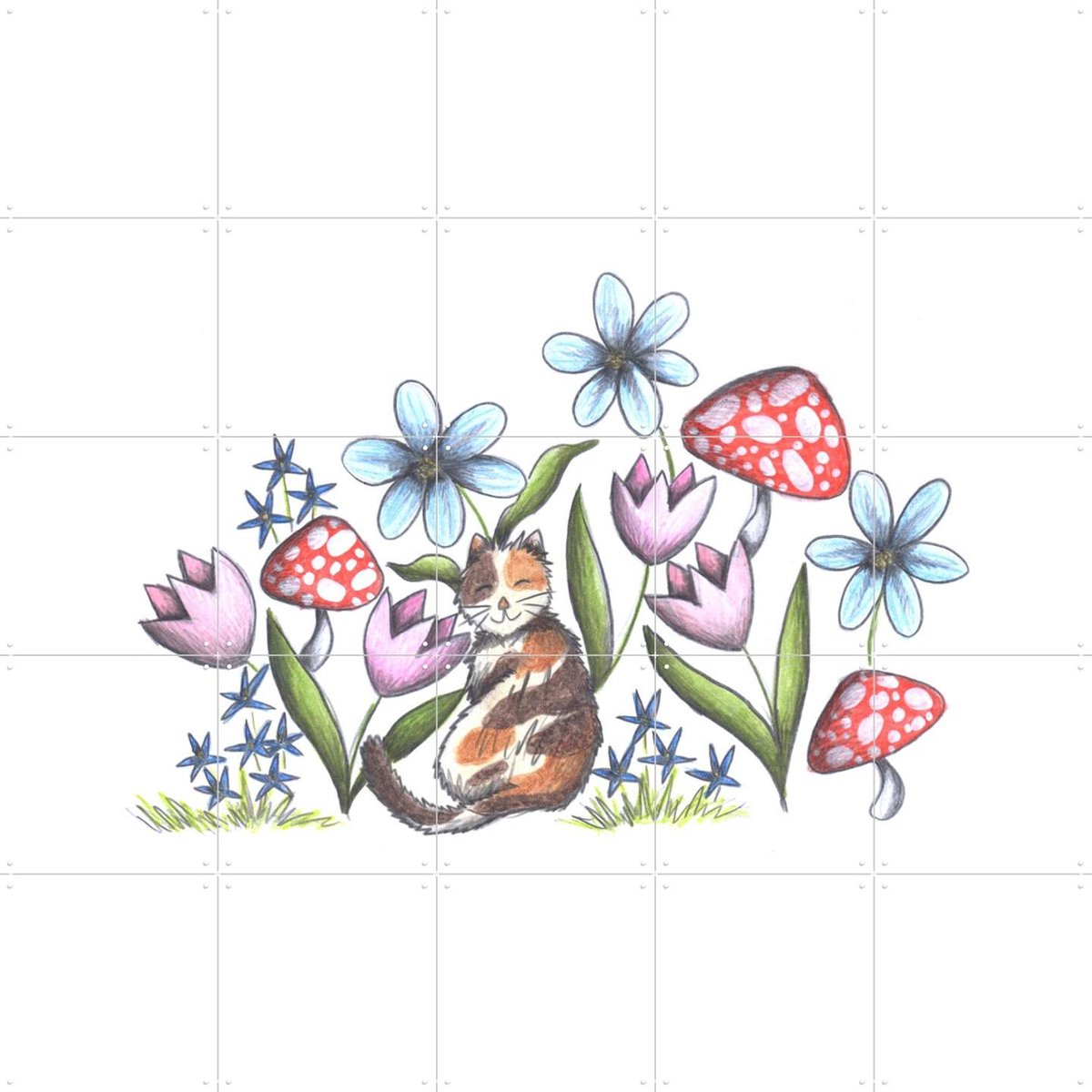 IXXI Cat in the Garden, Cecilia Battaini - 100 x 100 cm - Gratis ophangtool - Grote wanddecoratie en posters - Illustraties, Fantasierijk