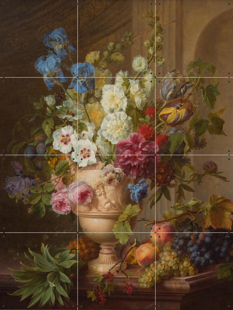 IXXI Bloemen in een albasten vaas en vruchten op een marmeren blad, Gerard van Spaendonck & Het Noordbrabants Museum - 60 x 80 cm - Gratis ophangtool