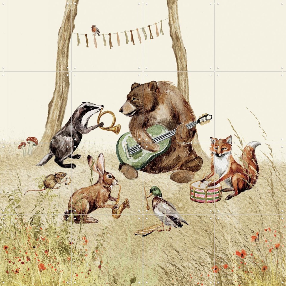 IXXI Bosdierenfeest, Irene Jelier - 80 x 80 cm - Gratis ophangtool - Grote wanddecoratie en posters - Aquarel, Illustraties, Speels, Vintage