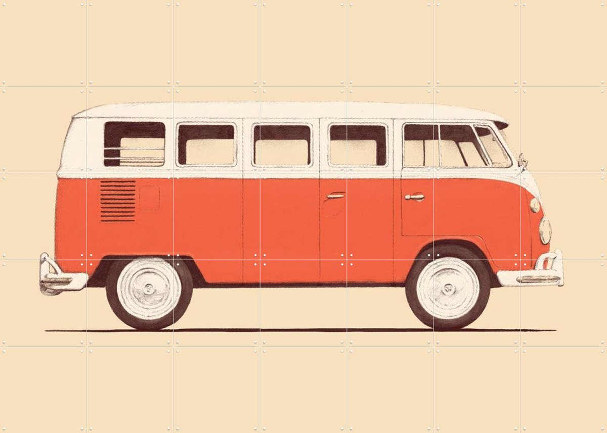 IXXI Red Van, Florent Bodart - 140 x 100 cm - Gratis ophangtool - Grote wanddecoratie en posters - Retro, Minimalisme, Vintage, Kleurrijk
