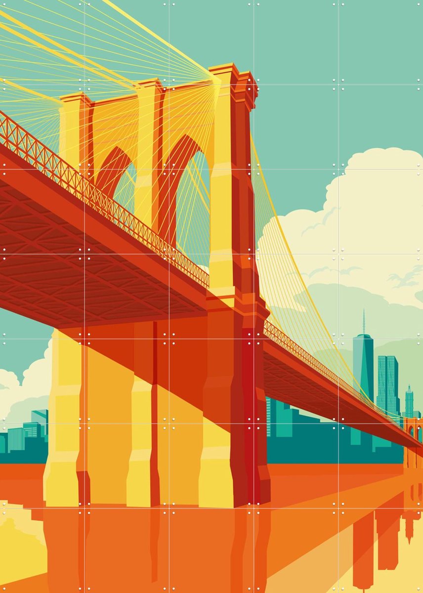 IXXI NYC - Brooklyn Bridge Blue, Remko Heemskerk & Kunst in Kaart - 100 x 140 cm - Gratis ophangtool - Grote wanddecoratie en posters - Kleurrijk