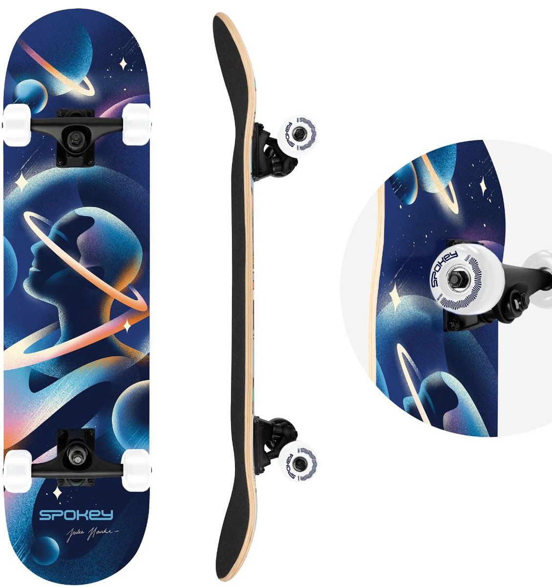 Spokey ASTRO Skateboard 9-laags esdoorn 78 7 × 20 cm Double Kick Max. gebruikersgewicht 100 kg ABEC-3 lagers Ontwerp Julia Hanke Blauw