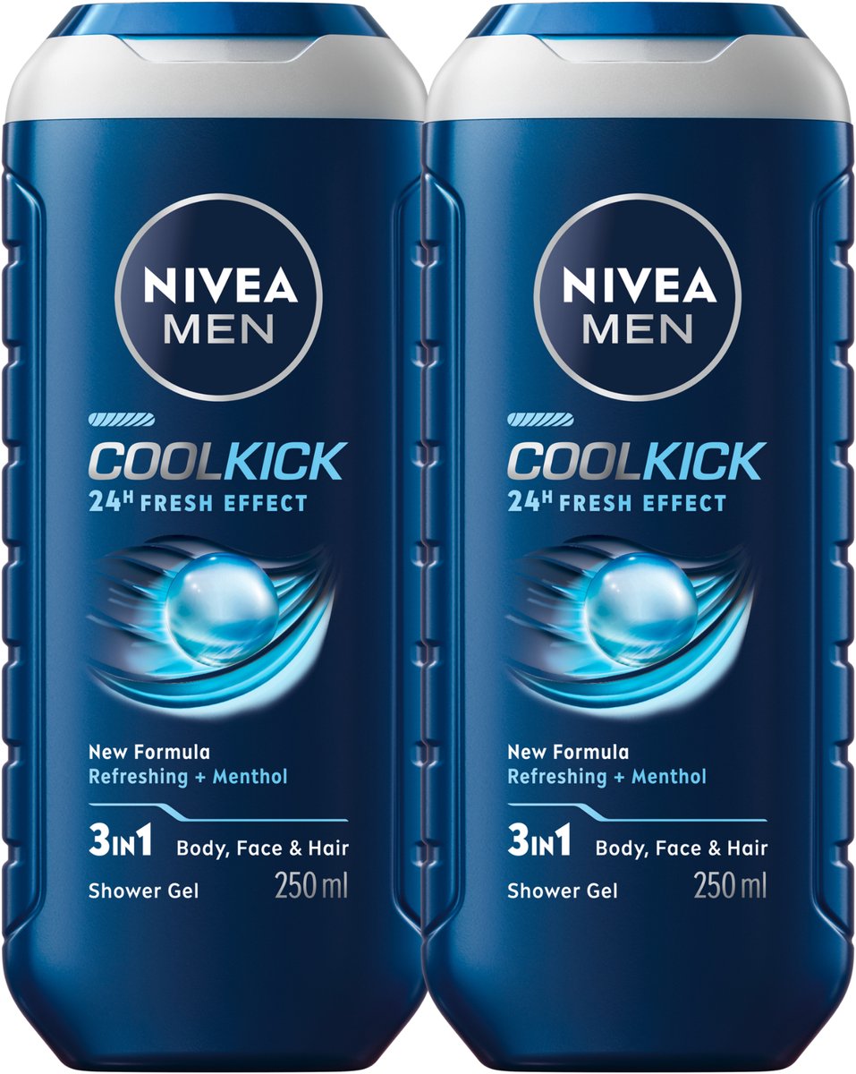 Bol.com NIVEA MEN Cool Kick Douchegel Mannen - 3-in-1 Shower Gel met Verfriseende Menthol - Shampoo - Voordeelverpakking - 2 x 2... aanbieding