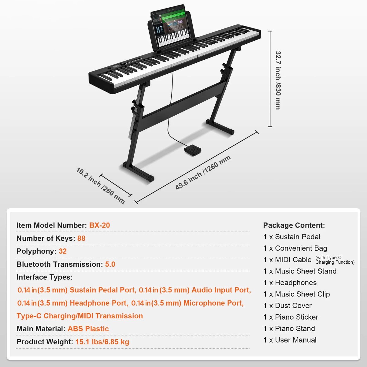 Rolu Digitale Piano – Elektrische Piano – Keyboard 88 Toetsen – Opvouwbaar – Bluetooth – 128 Klanken – Inclusief Standaard thumbnail 2