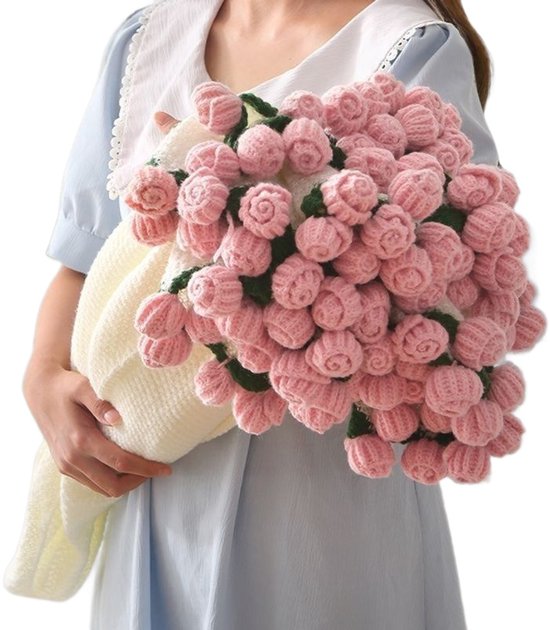 Rozen knuffeldeken - 52 bloemen - Bloemendeken - Bloemenboeket - Zachte deken - Gebreide boeketdeken - Gehaakte bloemendeken - Plaid met rozenversiering - Gehaakte boeketdeken - Katoen-acrylmix - 80 x 80 cm - Cadea voor Moederdag, Valentijnsdag