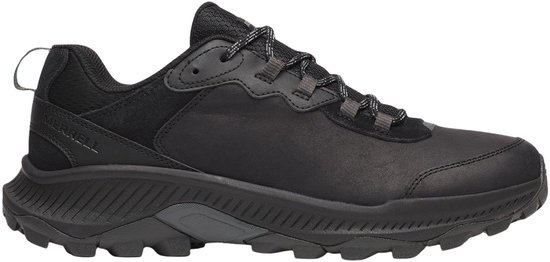 Zwarte Merrell wandelschoen voor heren, leren bovenwerk met suède accenten, vetersluiting.