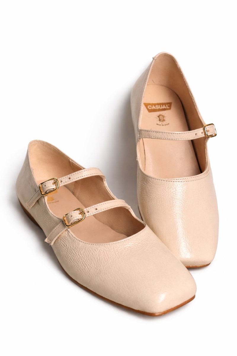 Elegante beige Mary Jane ballerina voor dames – Comfortabele platte schoen met vierkante neus