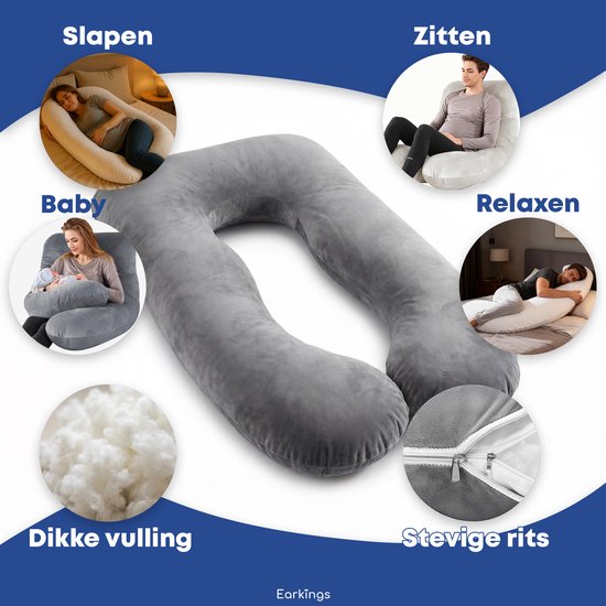 Earkings Zwangerschapskussen Zijslaapkussen 140x80cm U-vorm met Afneembare hoes - Body Pillow donkergrijs van Earkings — afbeelding 4