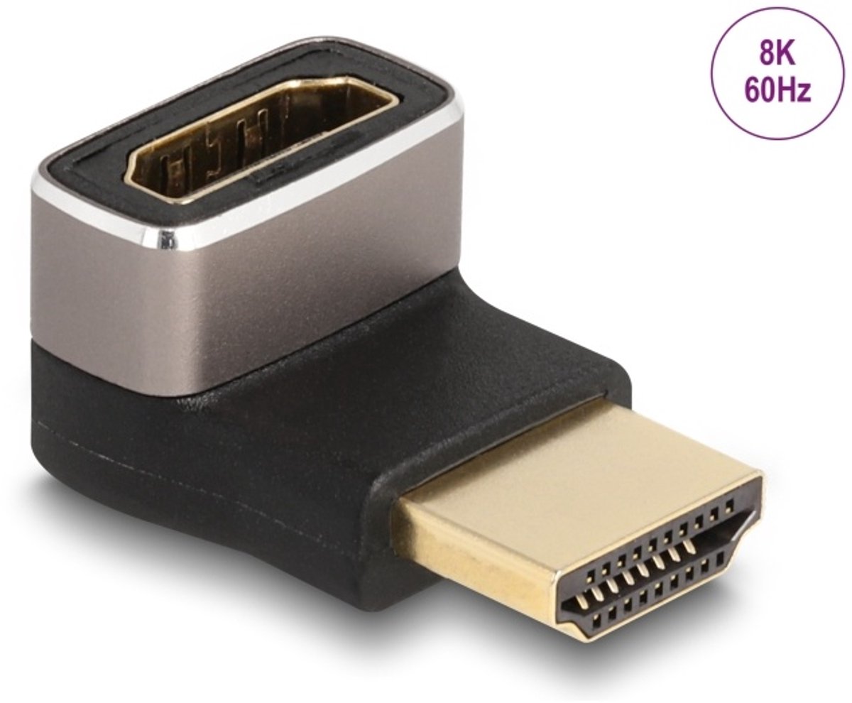 Delock HDMI Adapter male to female 90° downwards angled 8K 60 Hz grey metal