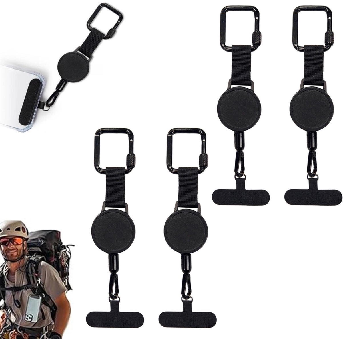 4 stuks - Telefoonkoord - Universeel telefoonkoord - Uittrekbaar Veiligheidskoord - Telefoonpatch - Telefoonkoordklemmen - Telefoonkoord voor wintersport - Uitrekbare Anti-Diefstal - Karabijnhaak - voor smartphone, sleutelhangers, portemonnees -zwart
