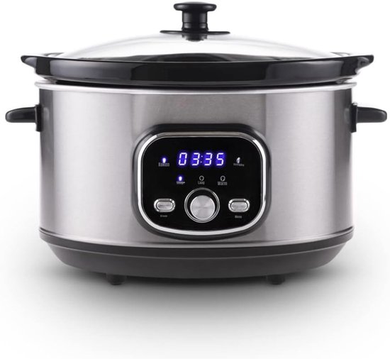 Aura® Slowcooker met timer - Slowcooker - Crockpot - Zilver/Zwart - 25cm x 32cm x 23cm