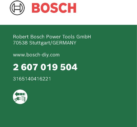 Groene achtergrond met Bosch logo, bedrijfsgegevens en website.