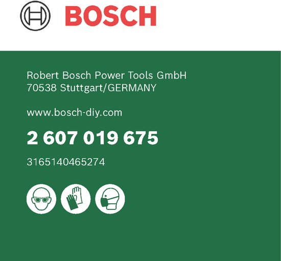 Carte verte avec logo Bosch, coordonnées et symboles de sécurité.