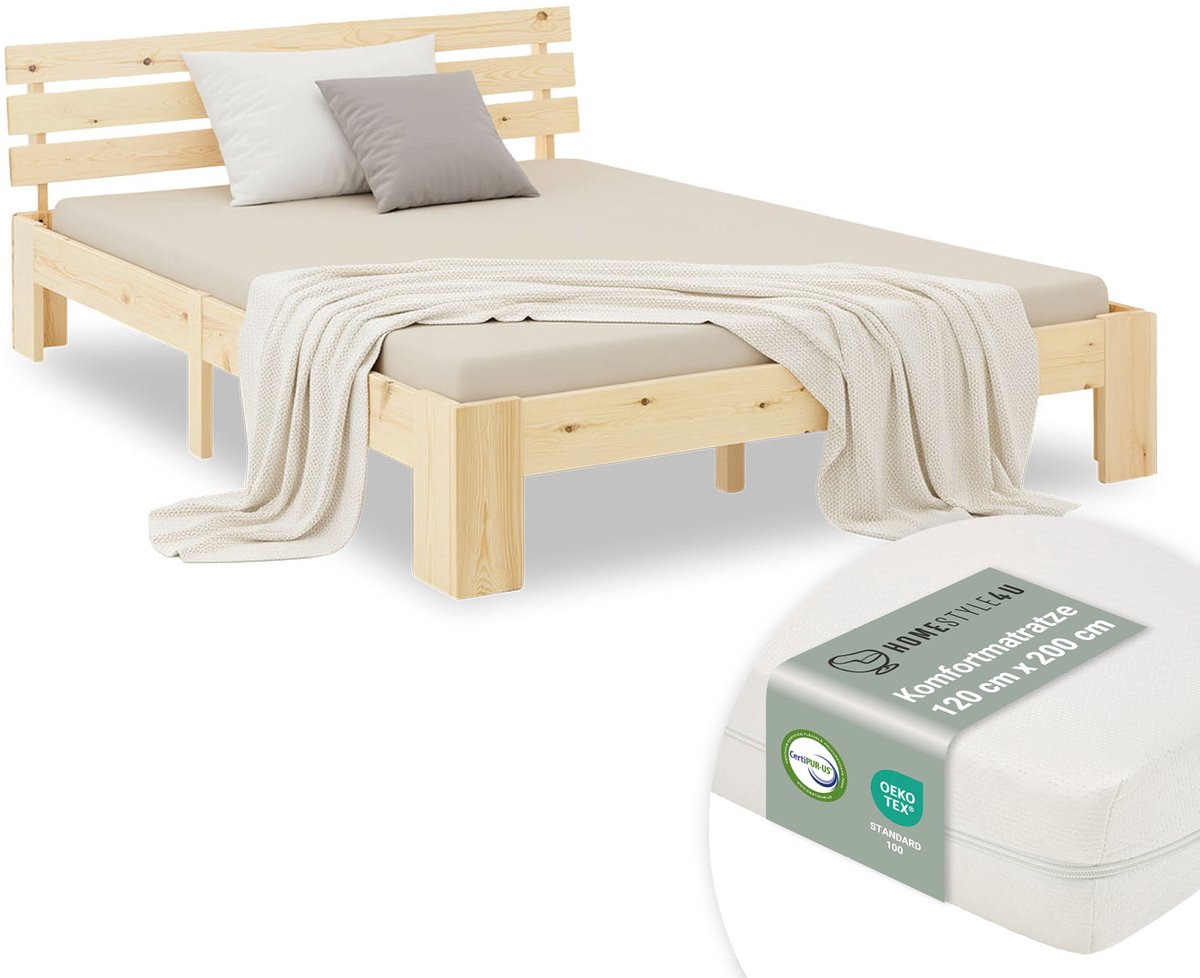 Homestyle4u Twijfelaarbedden - 120x200 cm - Houten bed - met matras en lattenbodem - Natuur