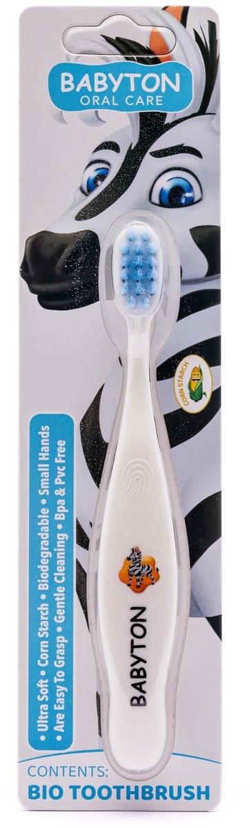 BABYTON - Bio Tandenborstel Zebra - 2 stuks - Ergonomisch handvat - Gemaakt van maïszetmeel - Kindertandenborstel