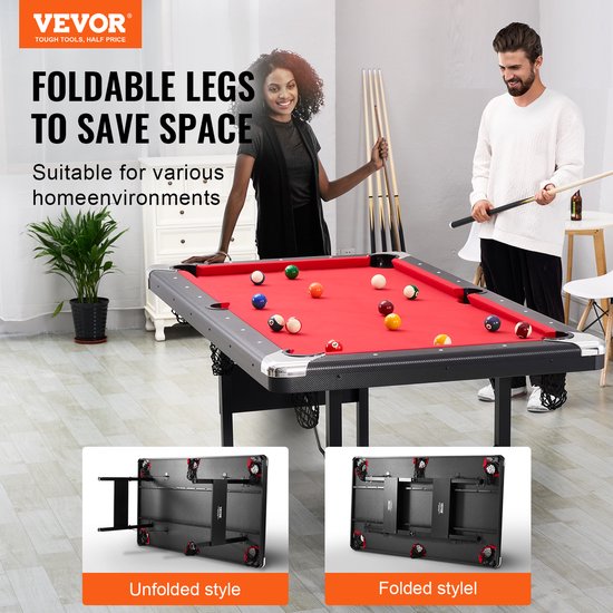 VEVOR Pooltafel, 1,9m Pooltafel, Draagbare en Opvouwbare Tafel, Pooltafelset Inclusief Ballen, Keuen, Krijt, Zwart met Rode Doek, Perfect voor Familiespeelkamer, Kinderen en Volwassenen van VEVOR — afbeelding 5