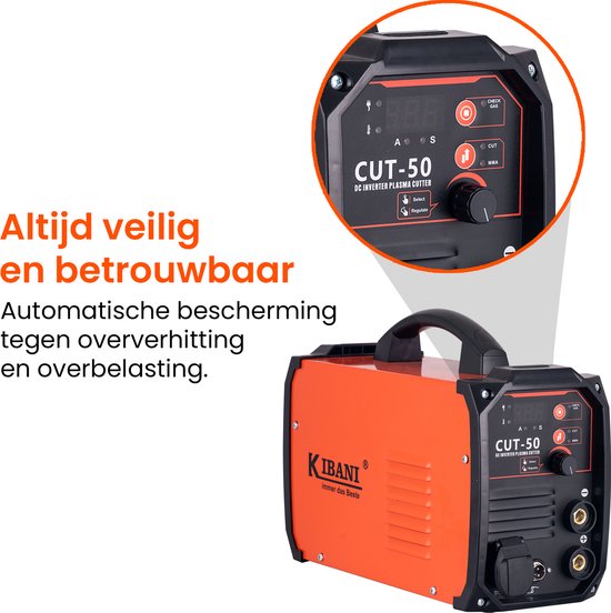 Oranje lasapparaat met een uitvergroot beeld van het bedieningspaneel.