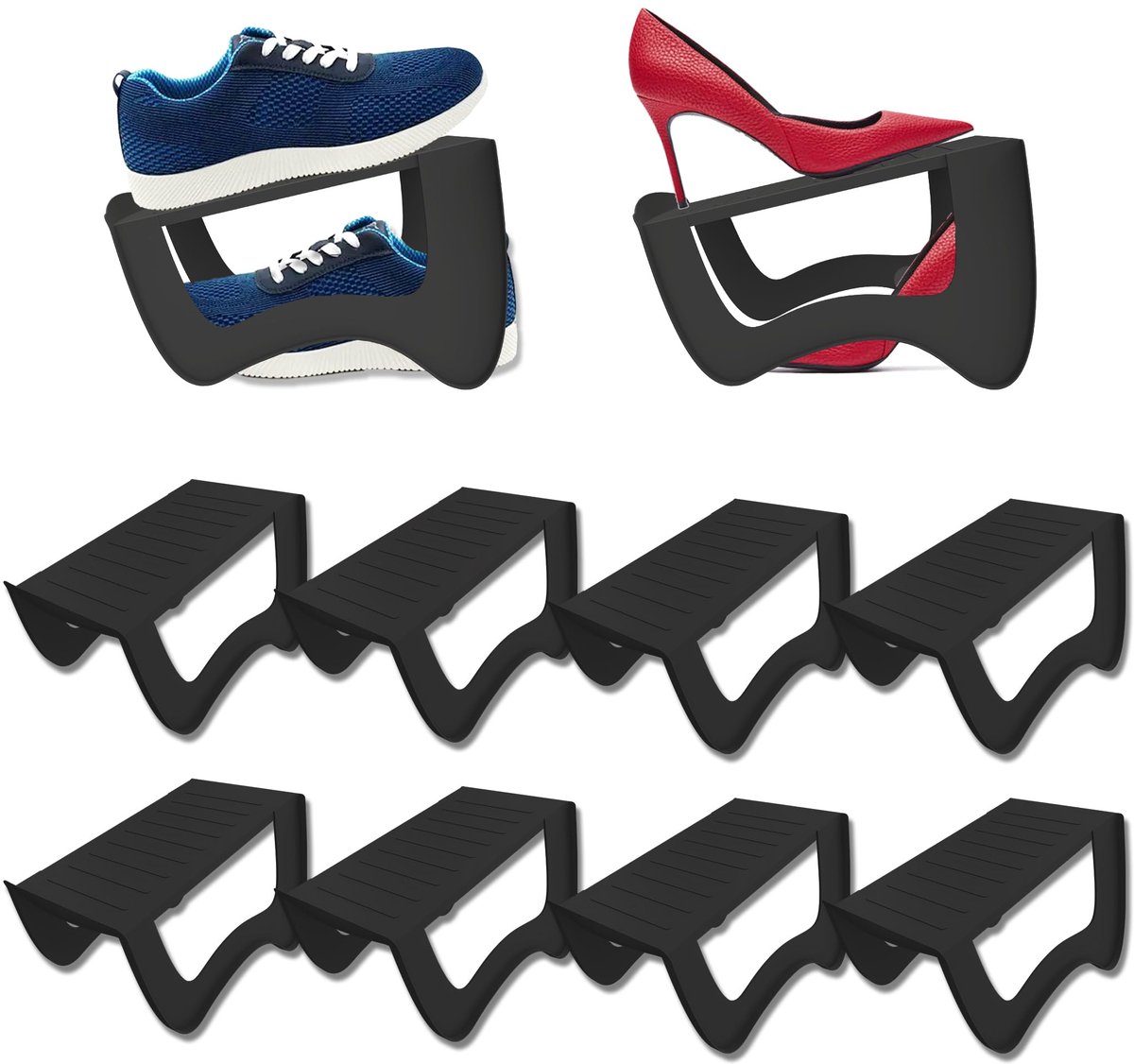 10 Stuks PP Schoenhouder Set 25x14,5x14cm Antislip Schoensleuven Stapelbaar Schoenorganizer Ruimtebesparend Schoenstapels Dubbellaags Schoenrekken Voor Voordeur, Gang, Slaapkamer (Zwart) NAIZY