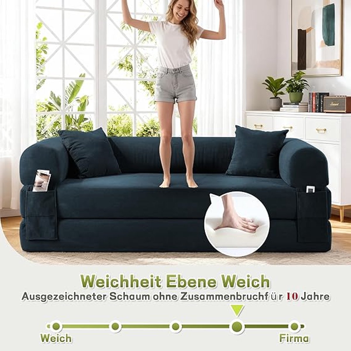 Vloerbank met Slaapfunctie 3-Zits Uitklapbare Boneless Bank 210x75x60 cm – Inklapbare Slaapbank & Bedbank met Kussens – Donkerblauw – Pauwhome