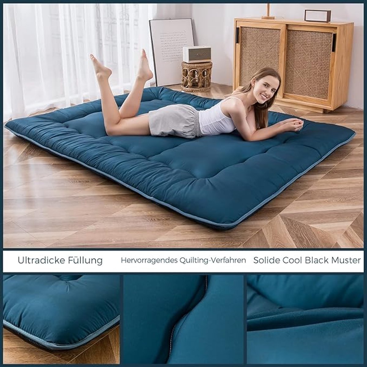 Vloermatras Futon Tatami Matras 90x190 cm – Extra Dik Japans Vouwmatras met Traagschuim – Opvouwbaar Rolmatras als Gastenmatras, Vloerbed & Slaapmat – Blauw Steen – Pauwhome