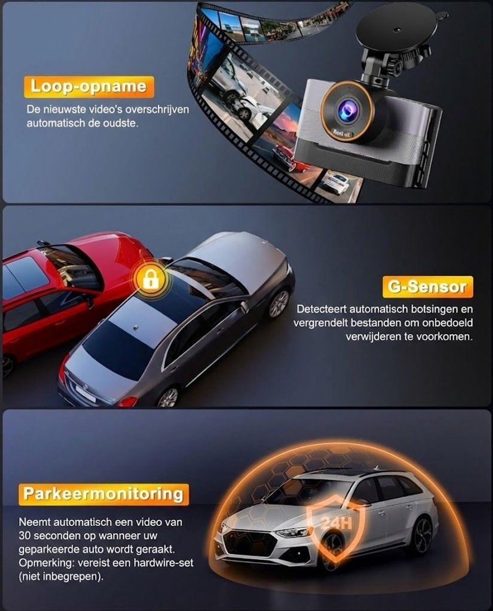 SNJY® Dashcam voor Auto - Auto Camera - Dashcam Voor en Achter Draadloos - 4 K - 64 GB - Zwart – foto 6