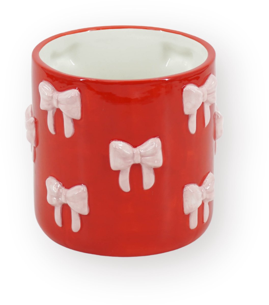 Housevitamin Plantenpot Strikjes – Dolomiet – Rood & Roze – 12,5x12,5x13 cm – Waterdicht – Design Bloempot – Speelse Eyecatcher