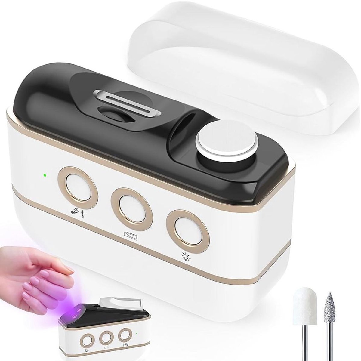 4-in-1 elektrische nagelknipper/nagelfrees met UV-drooglamp, LED-verlichting, tondeuse, elektrische nagelschaar, 800mAh-batterij, USB-C-interface en nagelvijl.