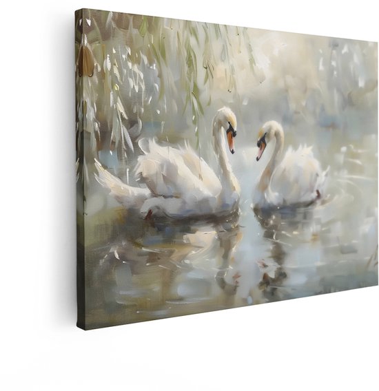 Artaza Canvas Schilderij Zwanen - 80x60 cm - Wanddecoratie Romantisch - Muurdecoratie Natuur - Decoratie Vogels Wit