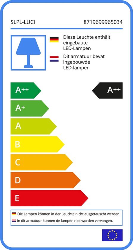 Energieklasse label A++ voor de tuinlamp. Met Nederlandse en Duitse tekst.