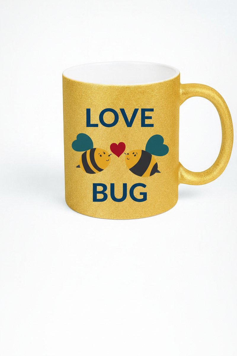 Gouden Glitter Mok 'Love Bug' met Liefdes Bijen - Romantisch Cadeau