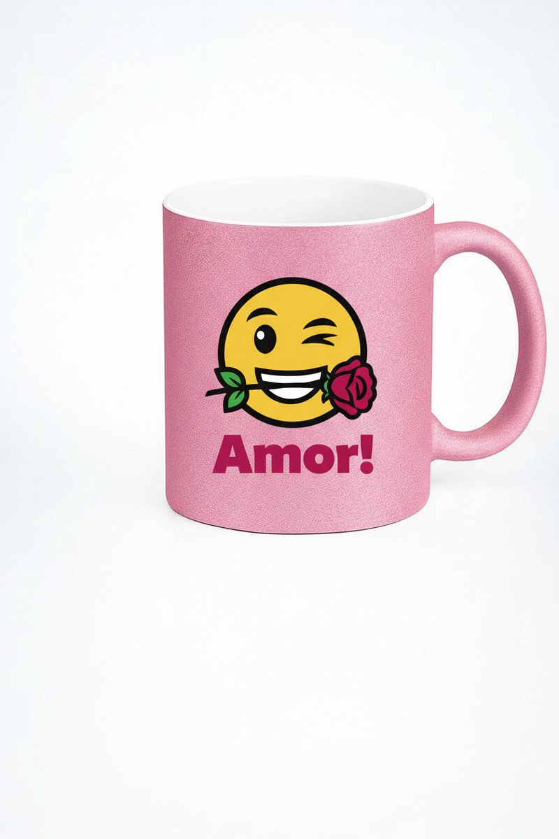 Roze Glitter Mok 'Amor!' met Winkende Emoji & Roos - Romantisch Valentijnscadeau